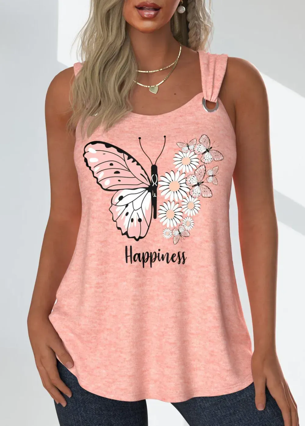 Dusty Pink Grommet Butterfly Print Sleeveless Tank Top