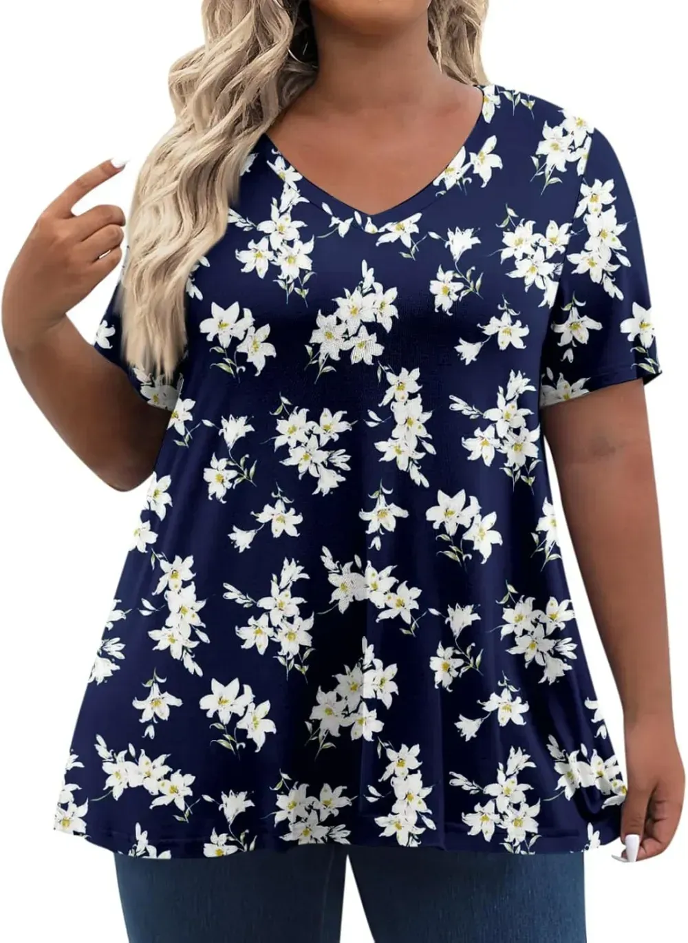 Plus Size Tops for Women Dressy Short Sleeve V Neck Shirts for Women Summer Tops for Women 2024 Floral Print Top