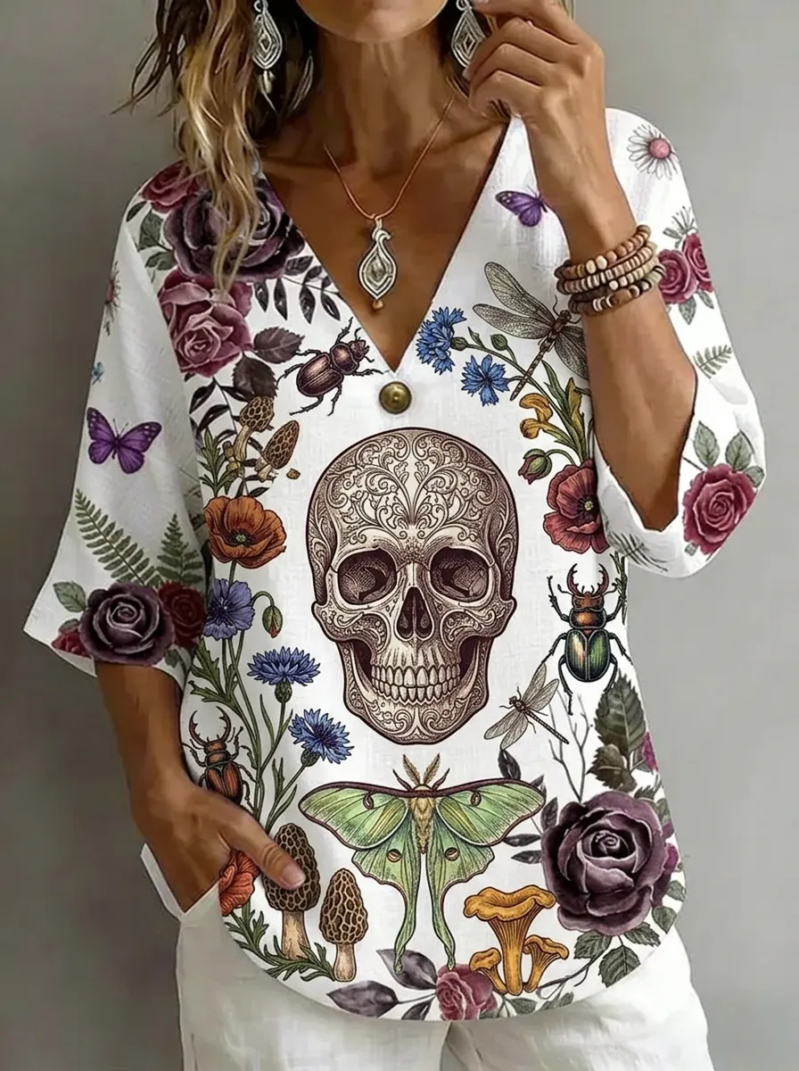 Women's Nashville Gothic Skull Floral Butterfly Printed V-neck Top
