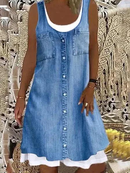 Women Denim Sleeveless Casual Mini Dress(Contains lining)