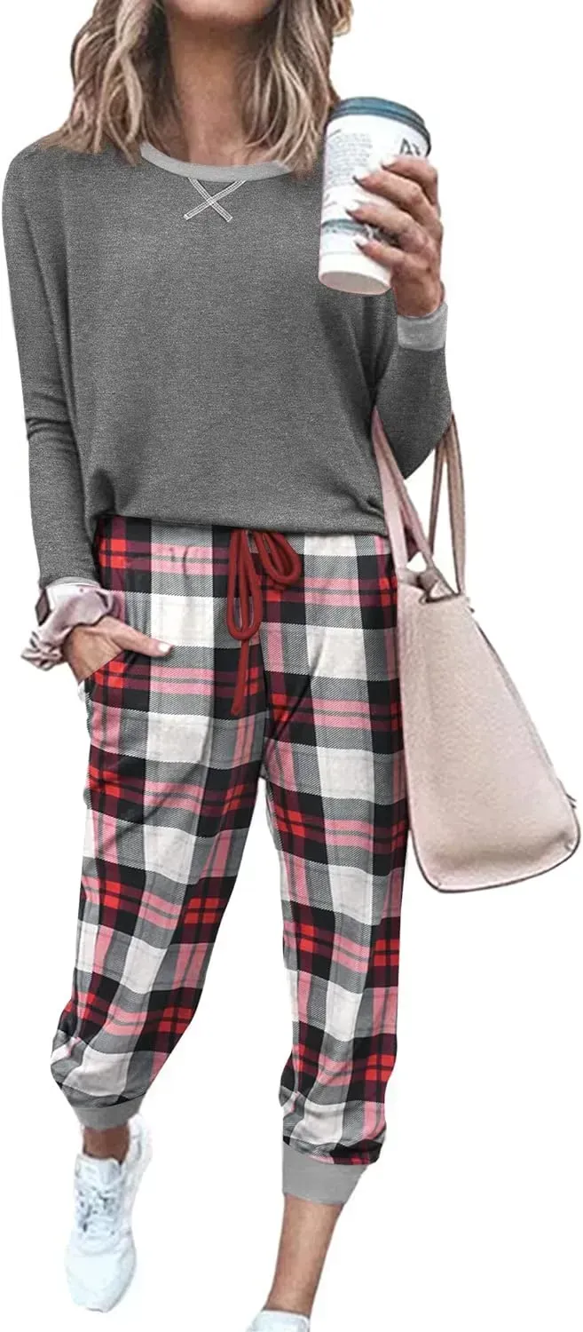 Women's Pajamas Sets Long Sleeve with Plaid Pants Soft Sleepwear O Neck 2 Piece Pjs Joggers Loung Set with Pockets