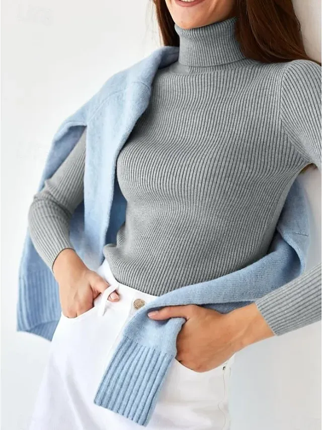 Women's Sweater Casual Soft Pure Color Ribbed Turtleneck Knitted Long Sleeve Regular Tops Knit Outdoor Daily Weekend Black White Fall Winter
