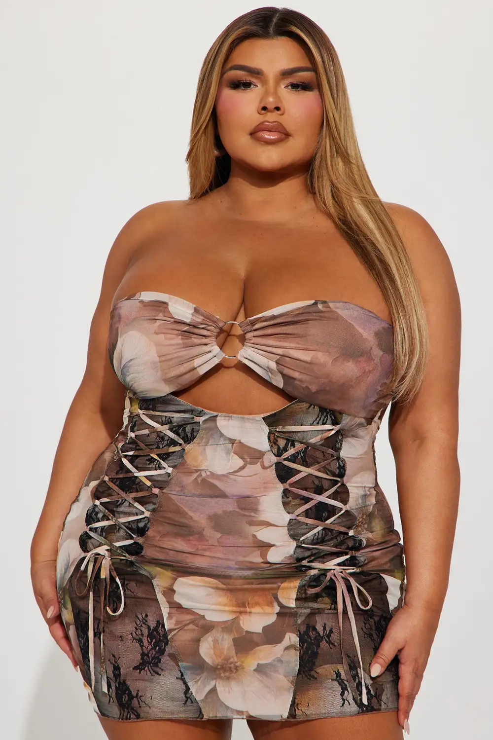 Poppy Lace Up Mini Dress - Brown/combo