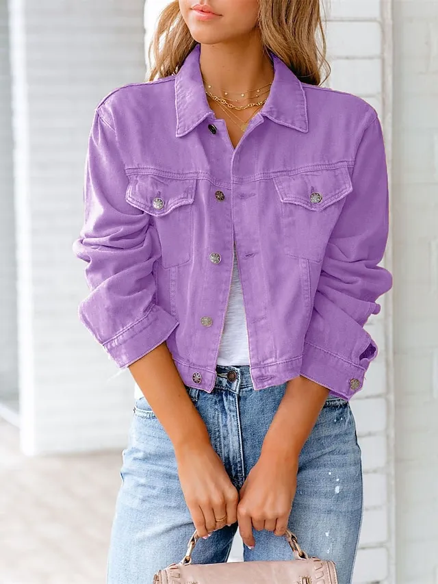 Women's Denim Jacket Outdoor Button Plain Breathable Fashion Regular Fit Outerwear Long Sleeve Fall Light Blue S