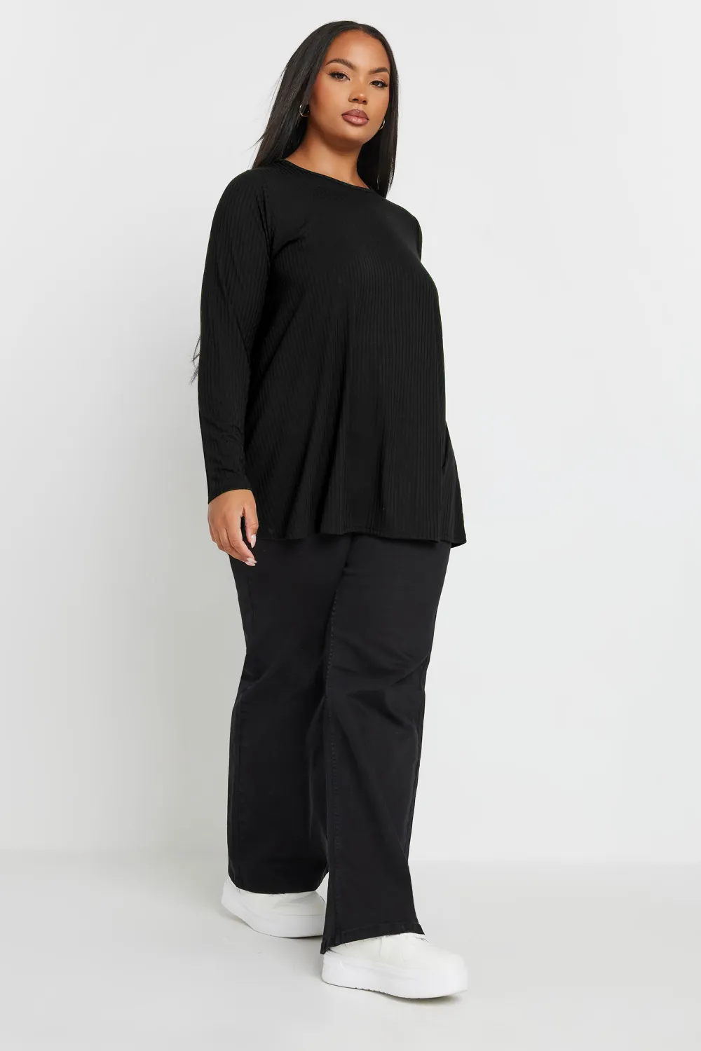 YOURS Curve Black Long Sleeve Ribbed Swing Top