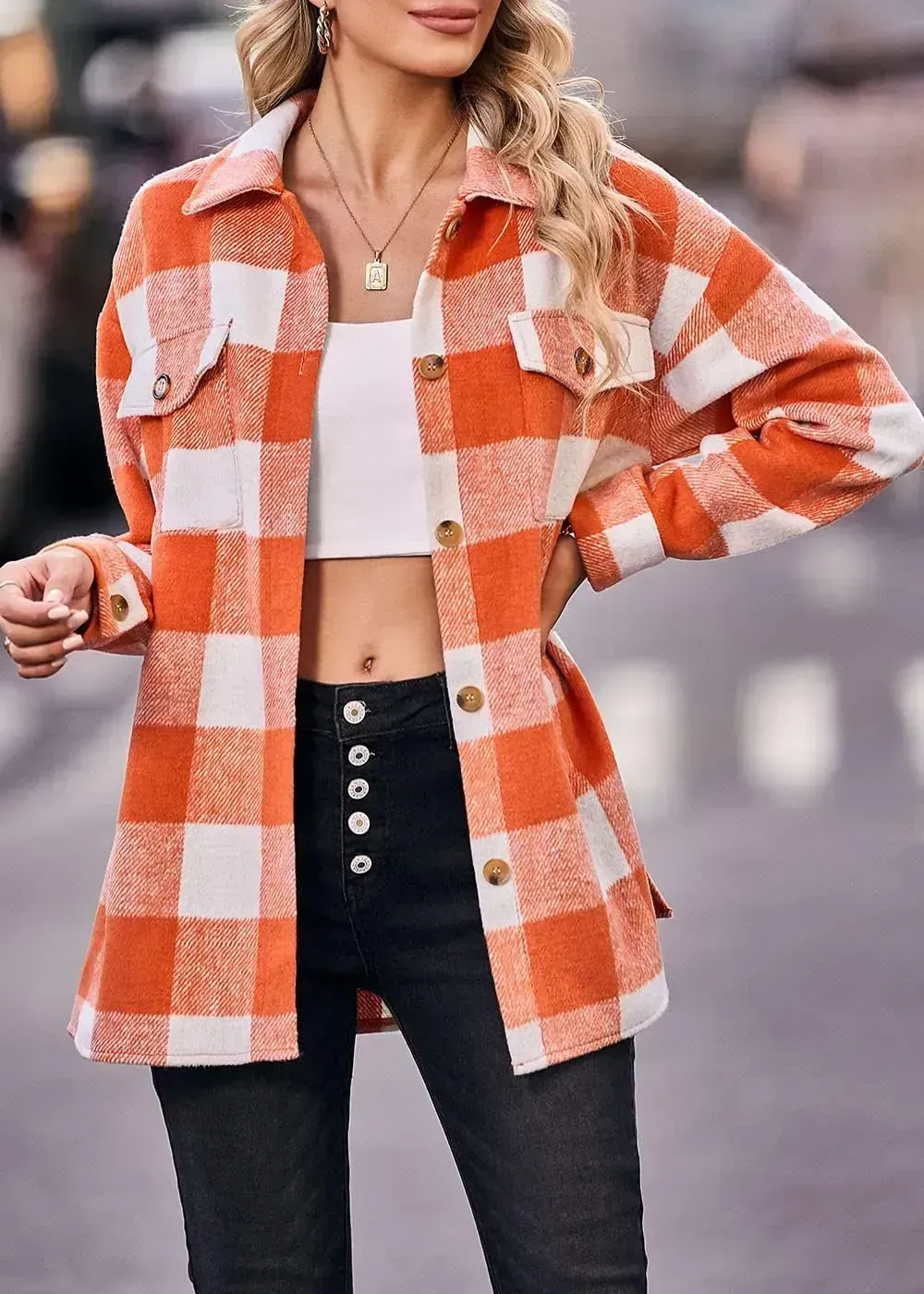 Women's 2023 Fall Clothes Plaid Shacket Jacket Long Sleeve Button Down Flannel Shirts Fashion Blouse