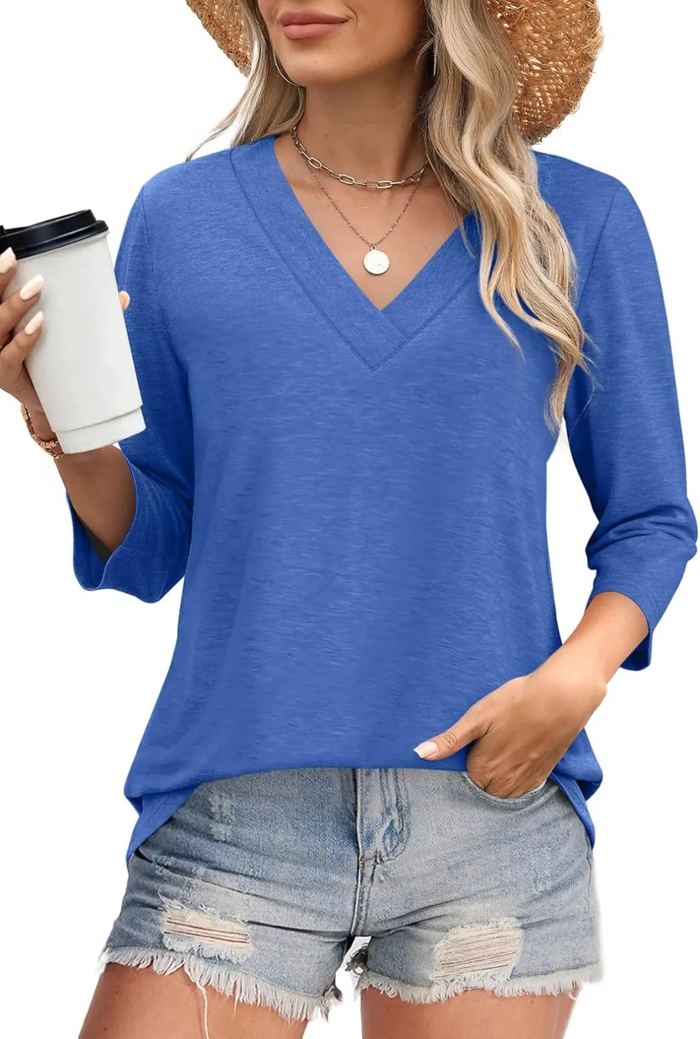 ⏰Hot Sale-Women's V Neck 3/4 Long Sleeve Tops Loose Fit Blouse