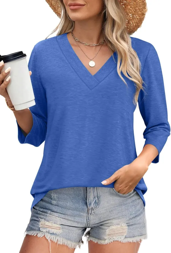 ⏰Hot Sale-Women's V Neck 3/4 Long Sleeve Tops Loose Fit Blouse