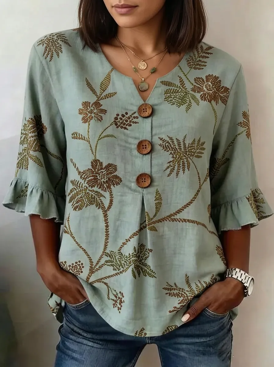 Women's Nashville Floral Botanical Printed V-neck Button-up Top