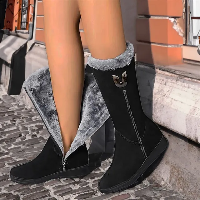 Women's Boots Suede Shoes Snow Boots Furry Feather Athletic Walking Fleece Lined Mid Calf Boots Winter Buckle Zipper Flat Heel Wedge Heel Round Toe Vintage Plush Classic Faux Suede Zipper Solid Color