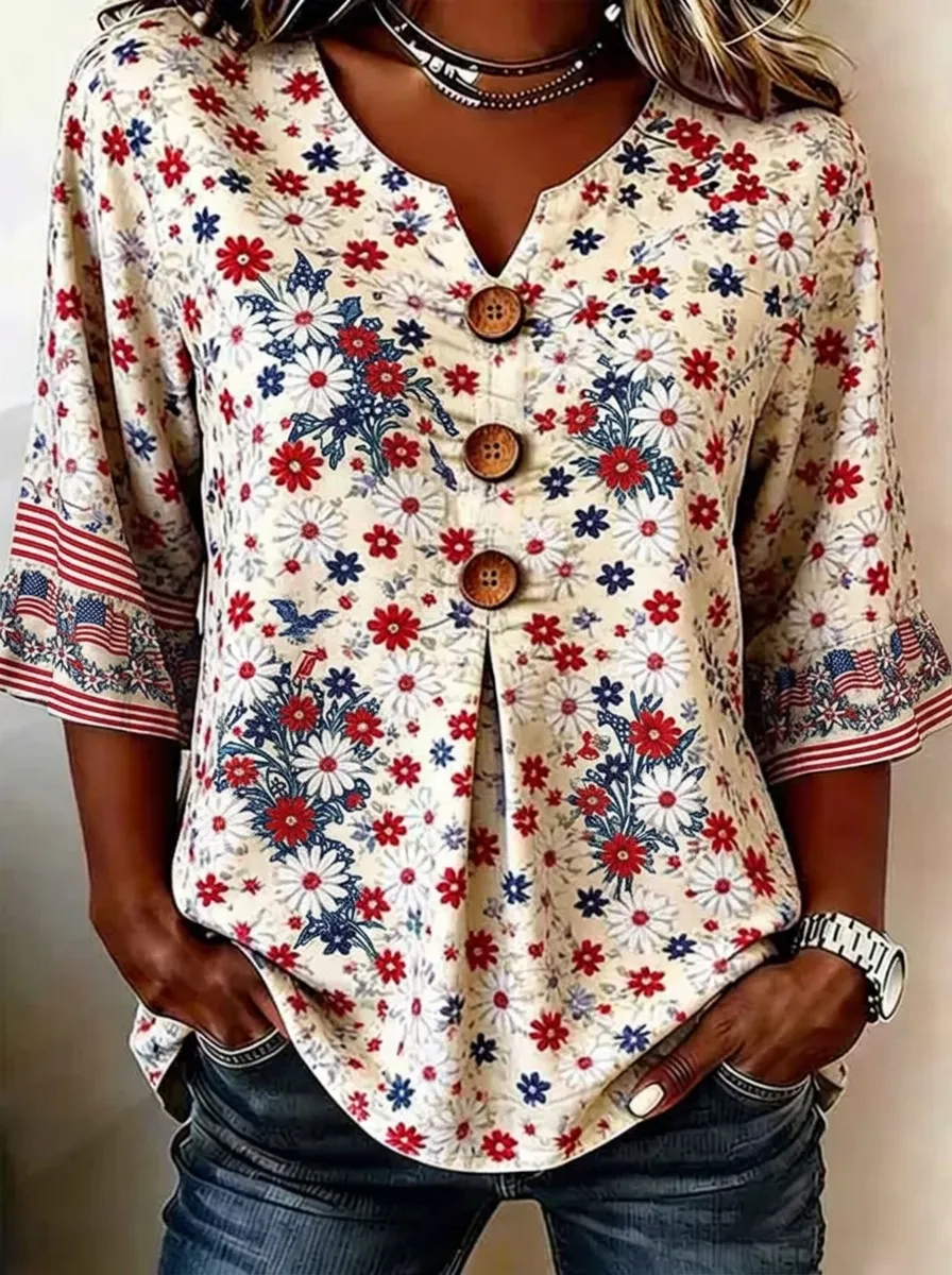 Women's Nashville Patriotic Floral Flag Printed Button Top