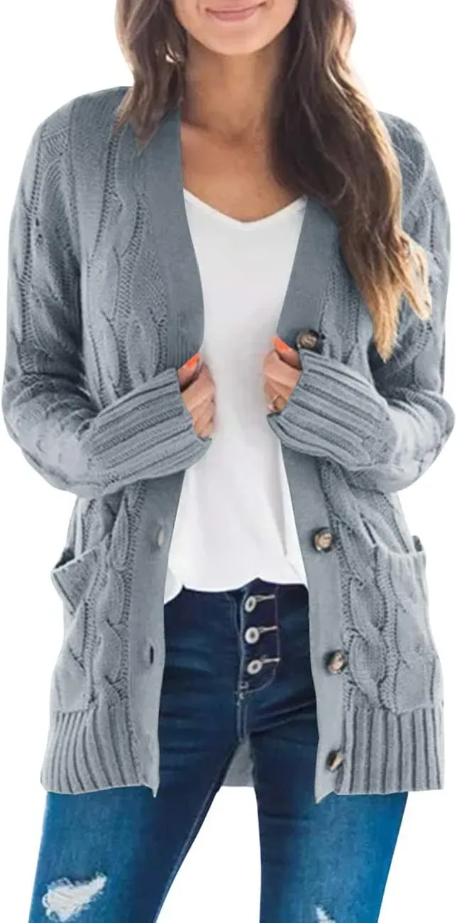 MEROKEETY Women's 2024 Fall Long Sleeve Cable Knit Sweater Open Front Cardigan Button Loose Outerwear