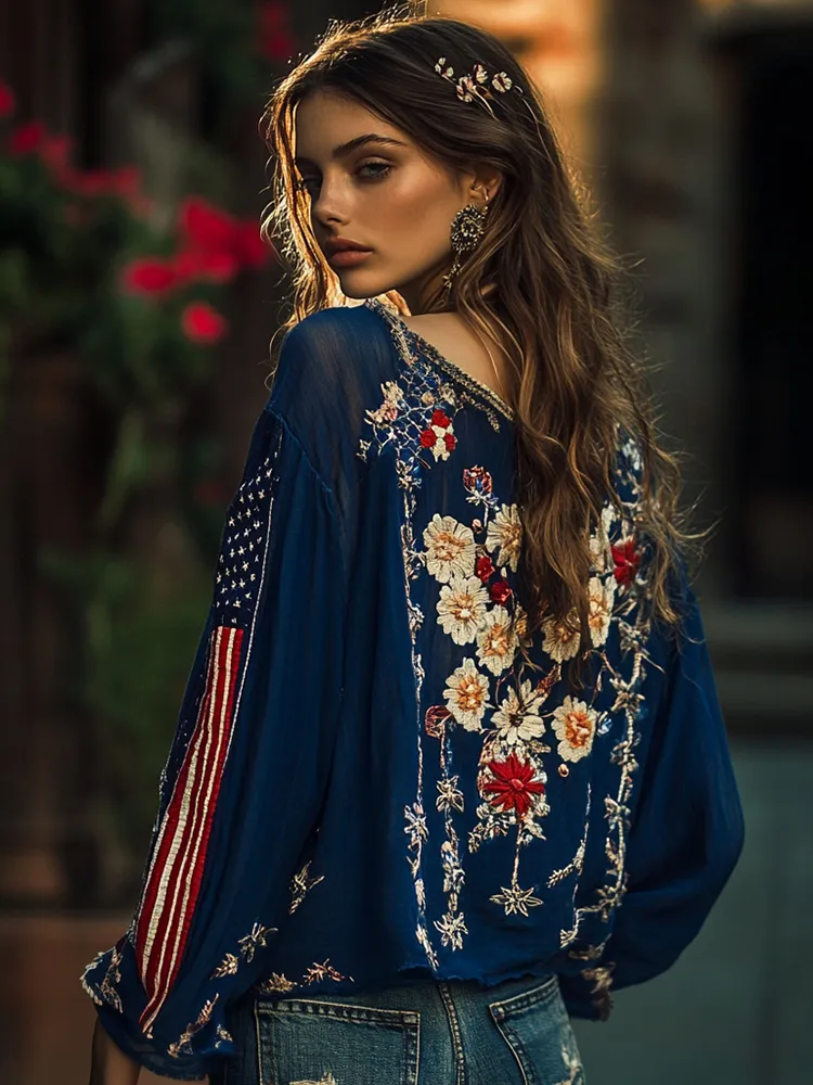 Vintage American Flag And Floral Embroidery Cotton And Linen V-neck Shirt