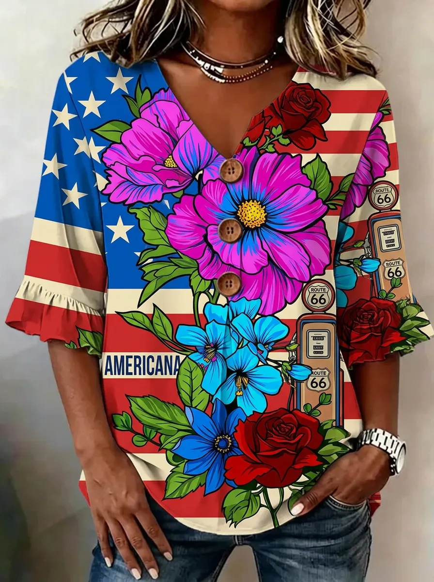 Women's Nashville Americana Route 66 Floral Printed V-Neck Top
