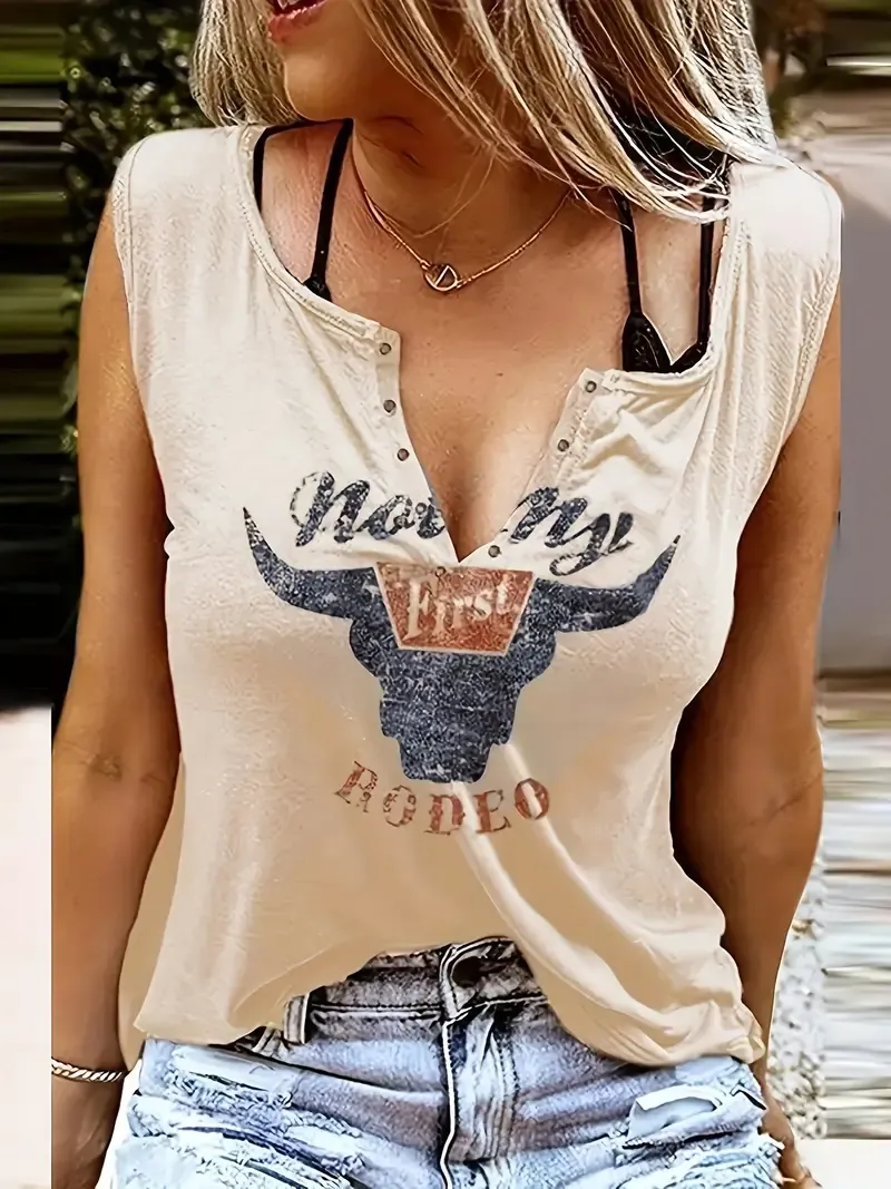 Western Style Cow Skull & Letter Graphic Tank Top, Casual Notched Neck Vest Top, Women's Lingerie & Underwear