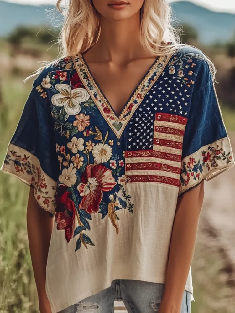 Women's Independence Day Flag Flower Embroidered V-neck Linen Blend T-shirt
