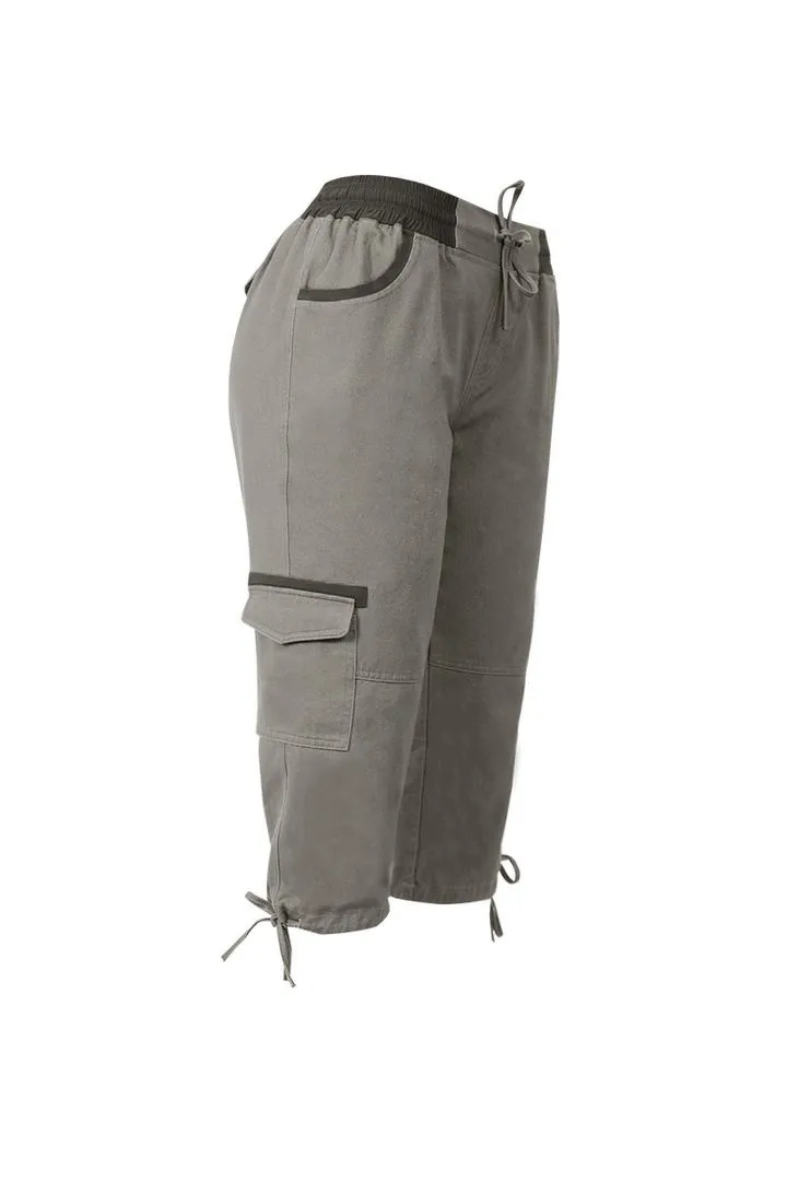 Drawstring Waist Flap Pocket Design Capris Pants