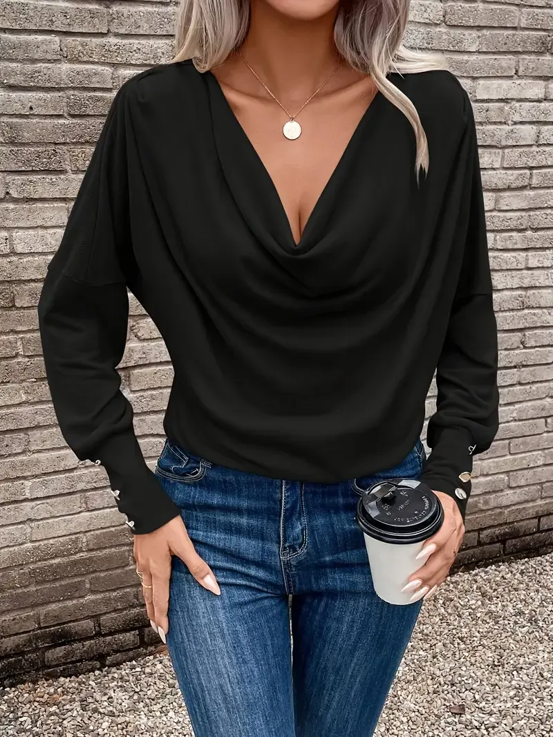 Women'S Elegant Cowl Collar Long Sleeve Knit T-Shirt, Solid Color Polyester 95% Elastane 5% Knit Fabric, Regular Length Spring/Fall Top with Button Detail