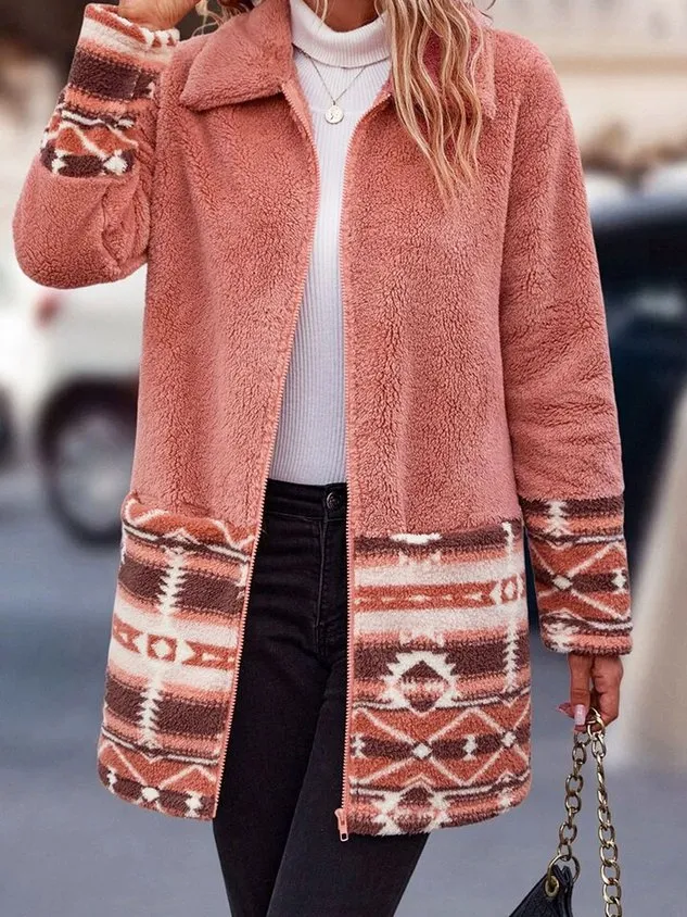 Casual Geometric Ethnic Fluff/Granular Fleece Fabric Teddy Jacket
