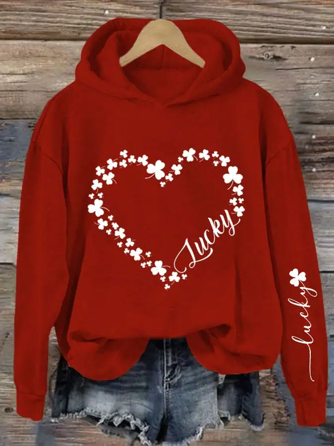 Women's St. Patrick's Day Heart Shamrock Print Hooded Sweatshirt