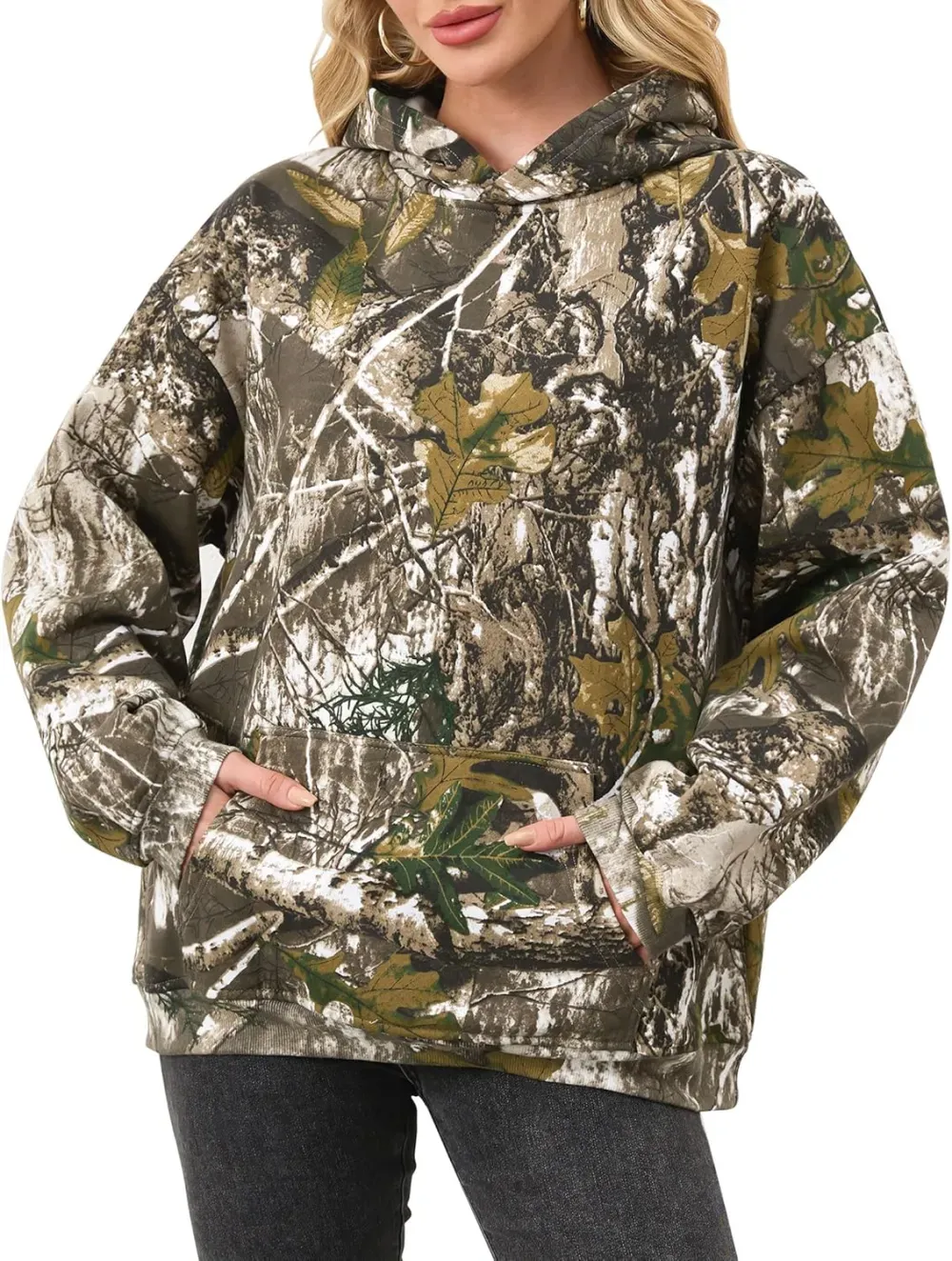 Womens Camo Hoodies Maple Leaf Print Oversized Hooded Sweatshirt Fleece Pullover Sweatshirts Long Sleeve with Pocket