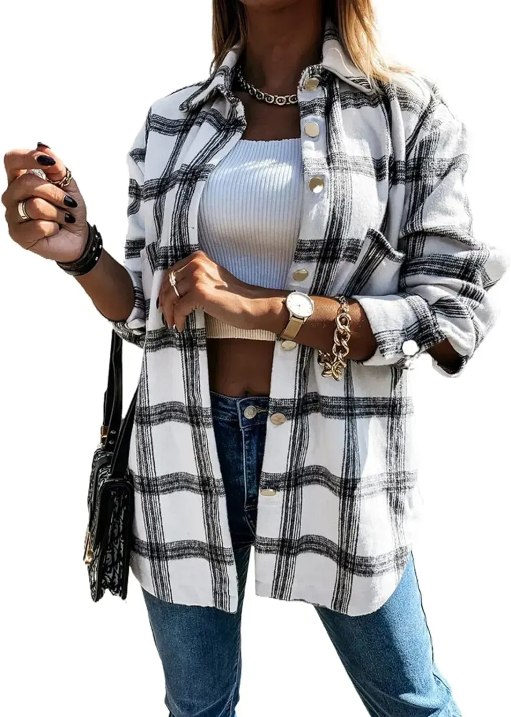 Women's 2023 Fall Clothes Plaid Shacket Jacket Long Sleeve Button Down Flannel Shirts Fashion Blouse