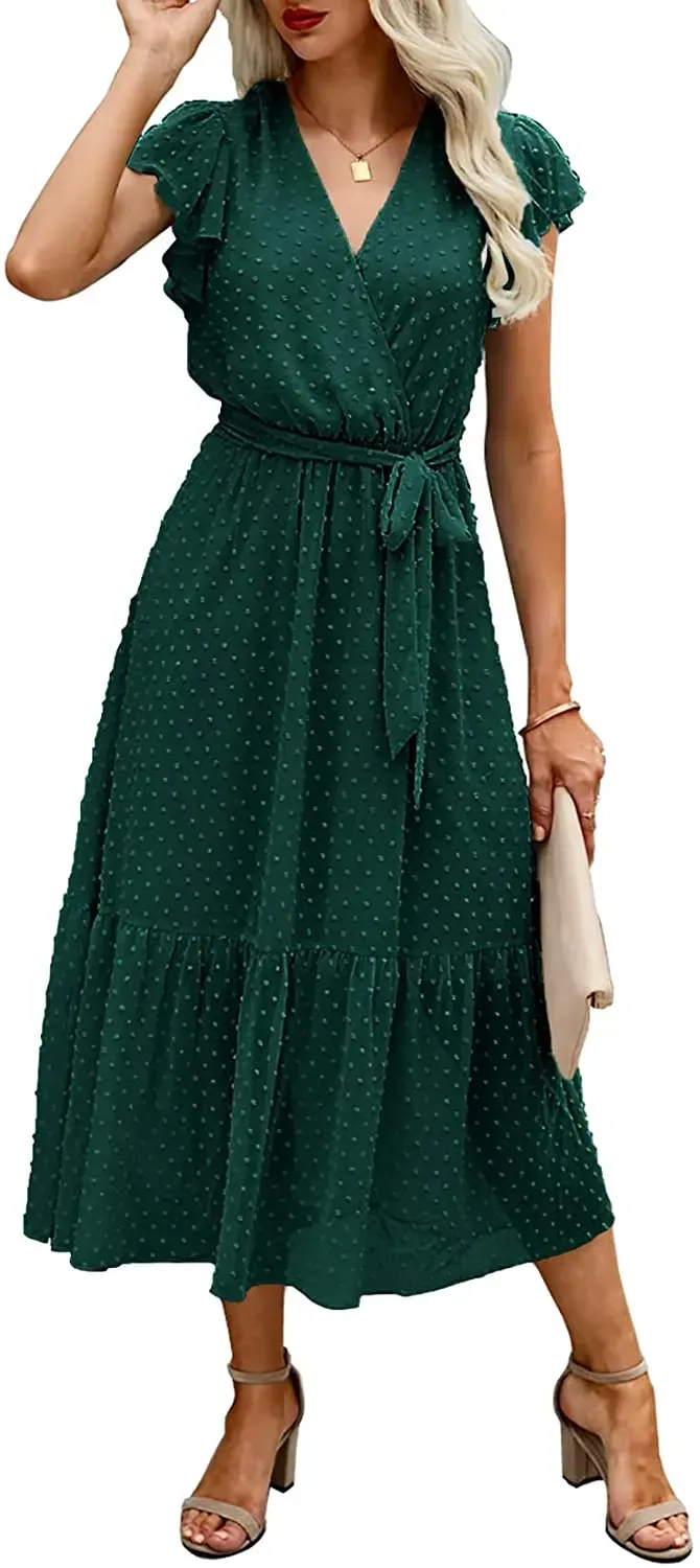 Women Summer Bohemian Floral Casual Wrap V Neck Ruffle Cap Sleeveless Belt A-Line Pleated Hem Swing Midi Sun Dress