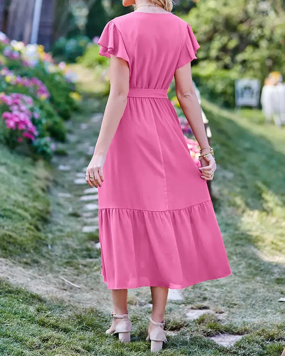 Women Summer Bohemian Floral Casual Wrap V Neck Ruffle Cap Sleeveless Belt A-Line Pleated Hem Swing Midi Sun Dress