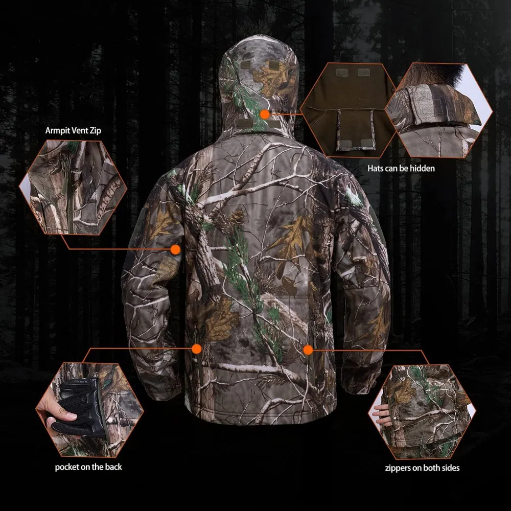 Hunting Jacket for Men Quiet Hunting Camouflage Clothing Hoodie Camo Coat Water-Repellent Windproof