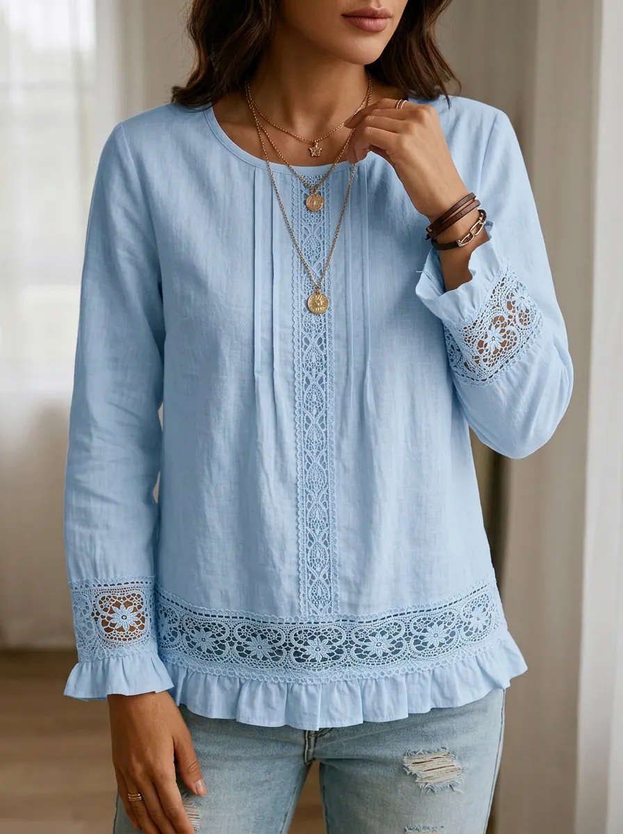 Women's Nashville Country Style Lace Trimmed Printed Top