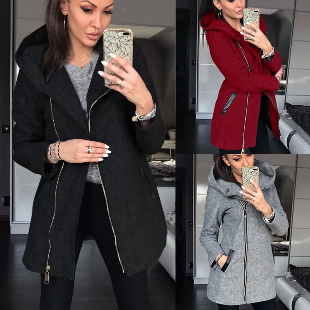 Side zipper decor high neck hooded jacket