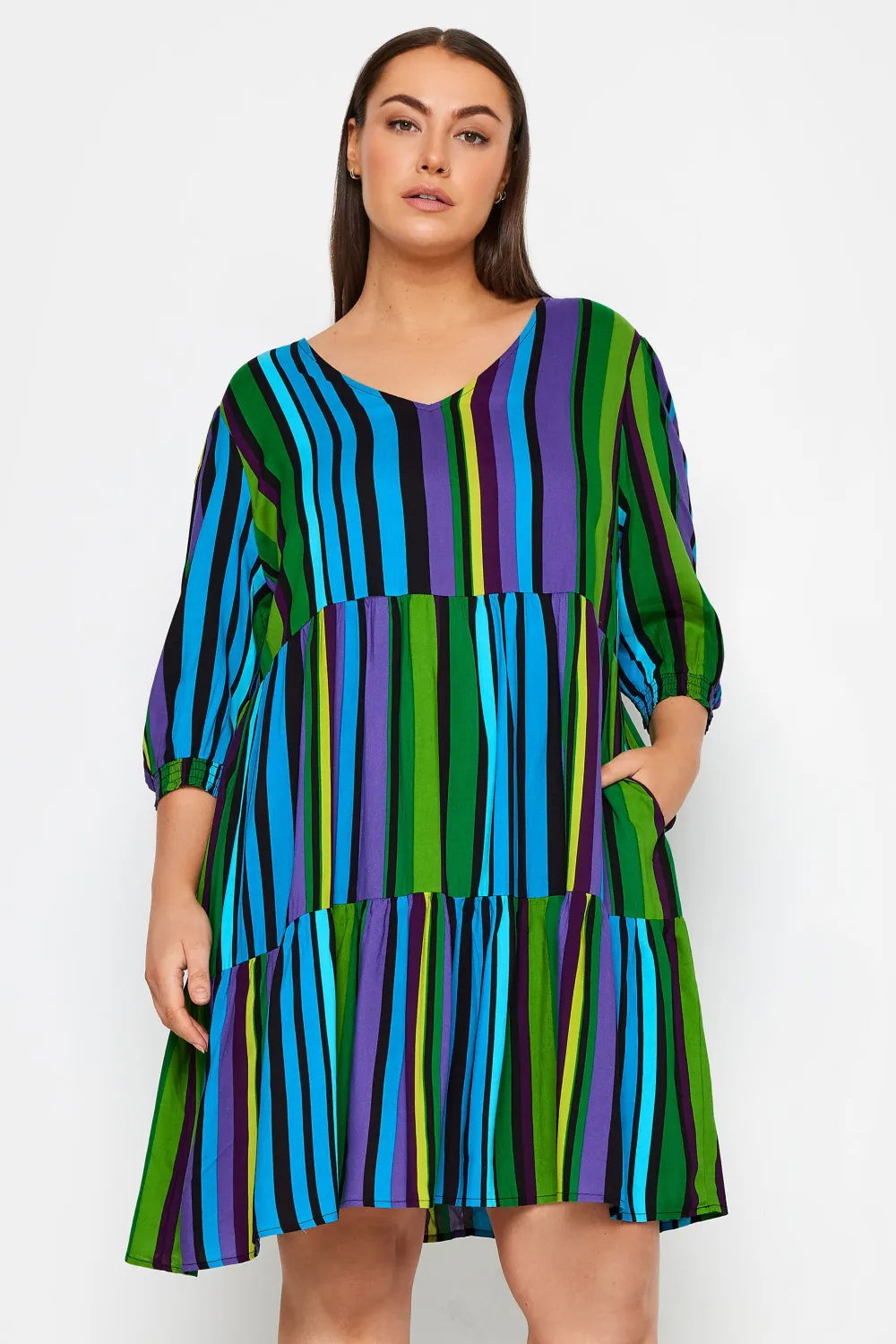 Evans Black & Green Striped Tiered Smock Dress