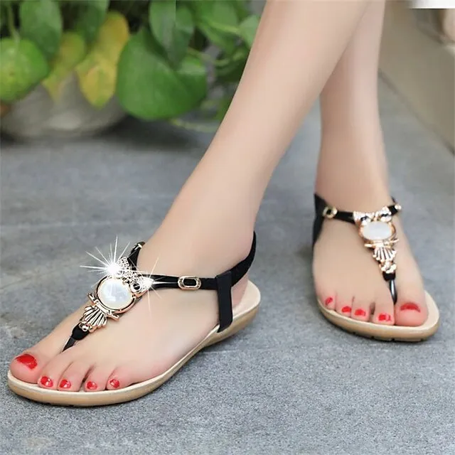 Women's Sandals Boho Bohemia Beach Flat Sandals Plus Size Party Daily Summer Flat Heel Round Toe Elegant Sexy Sweet PU Leather Loafer Solid Colored Black Red Blue