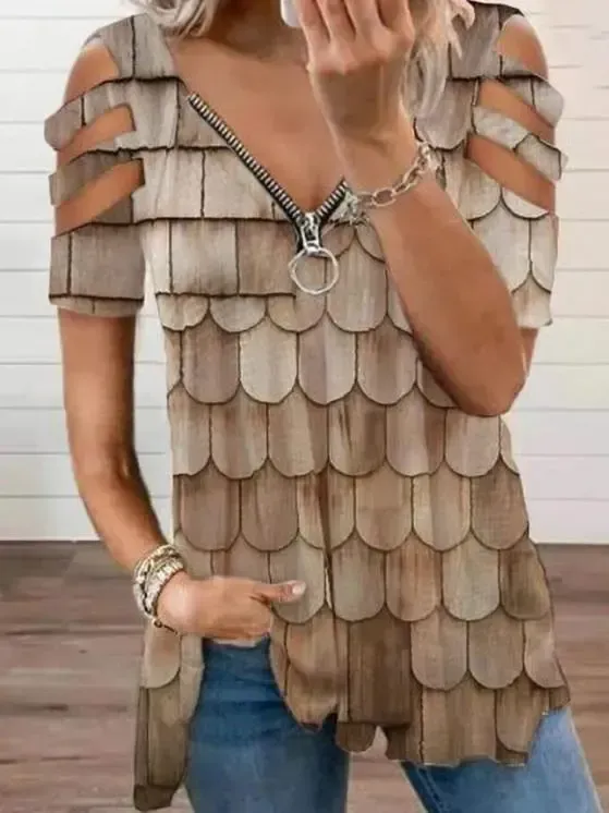 Women Short Sleeve V-neck Floral Printed Geometric Top