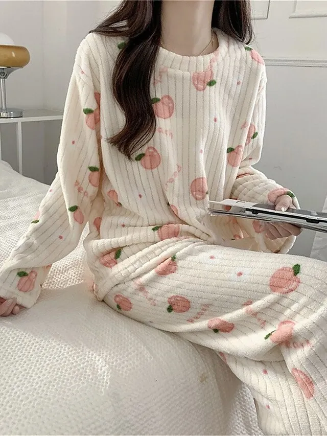 Women‘s Fleece Pajamas Sets Fluffy Fuzzy Warm Pajama Fruit Bear Plush Casual Comfort Home Daily Bed Coral Fleece Coral Velvet Warm Crew Neck Long Sleeve Pant Fall Winter Black bow Peach Pink