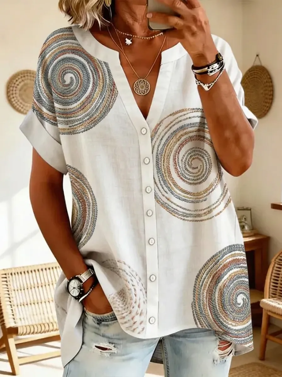 Women's Nashville Spiral Pattern Printed V-Neck Button Shirt