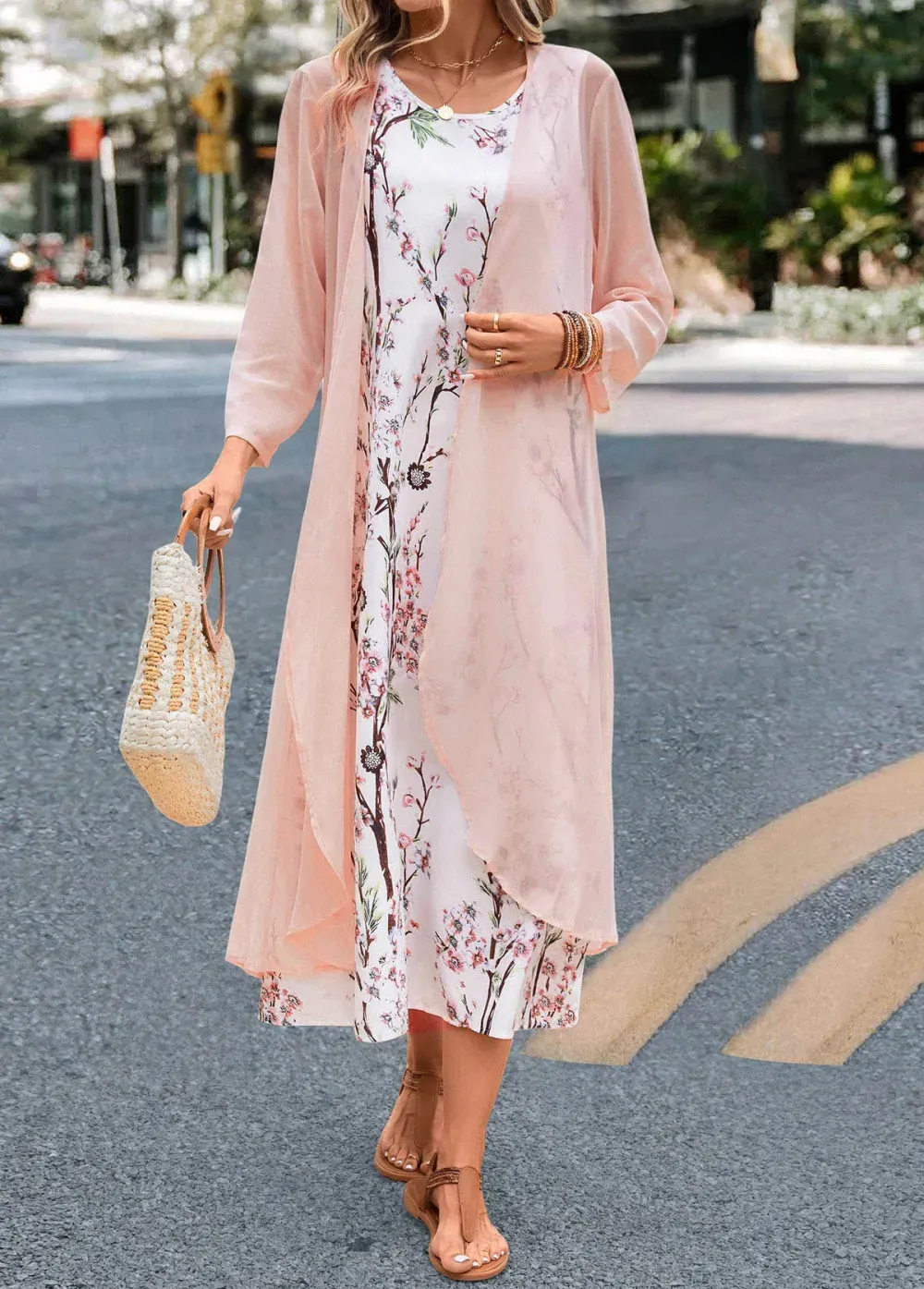 Pink Two Piece Floral Print Maxi Dress and Cardigan