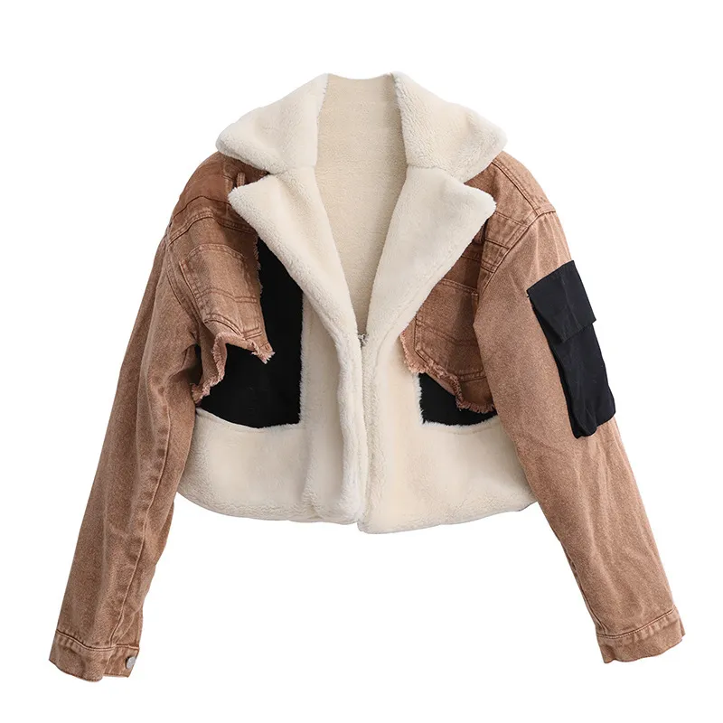 Fashion Plush Denim Stitching Lamb Wool Liner Thickened Short Jacket