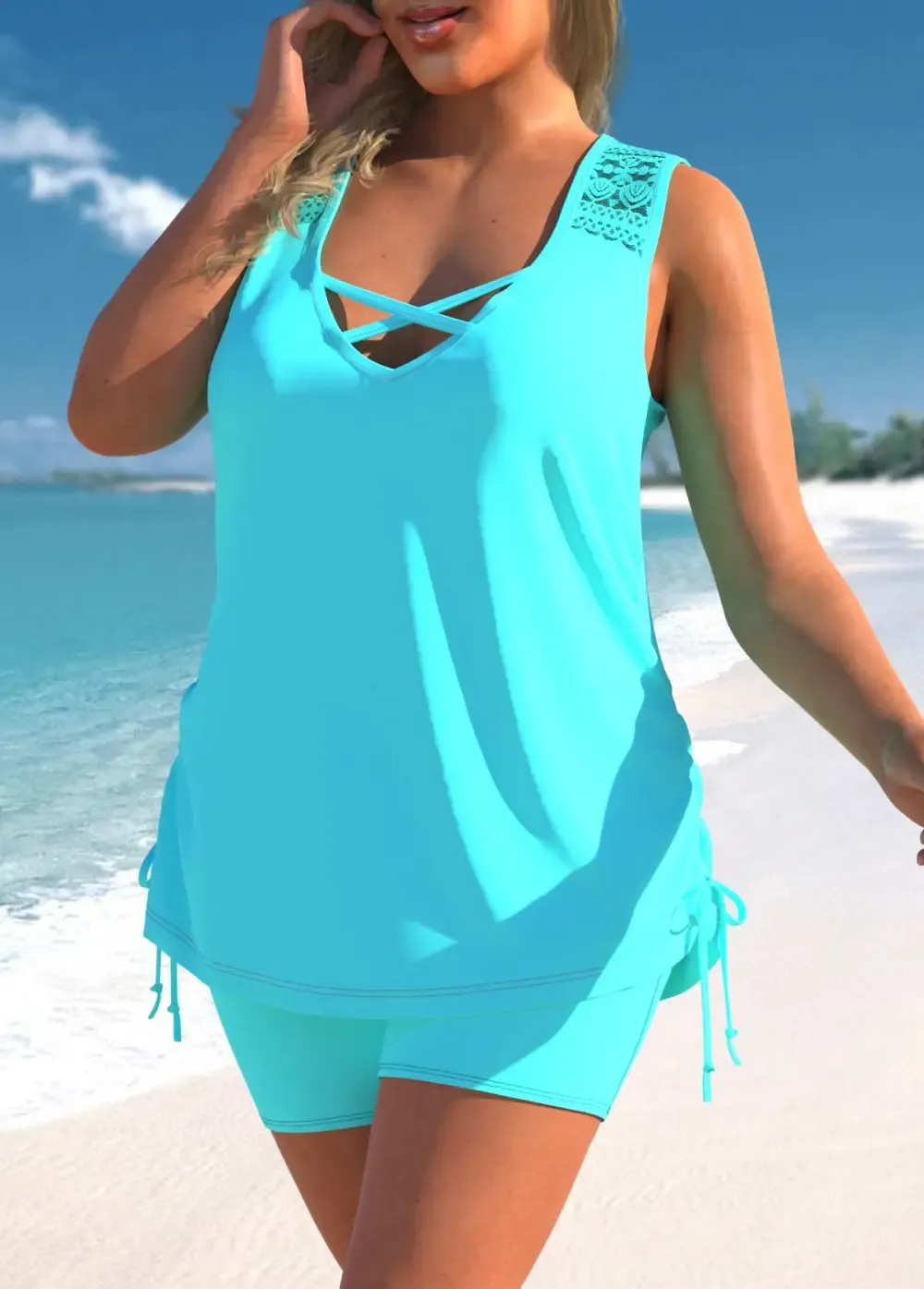 Floral Print Black Cross Strap Tankini Set