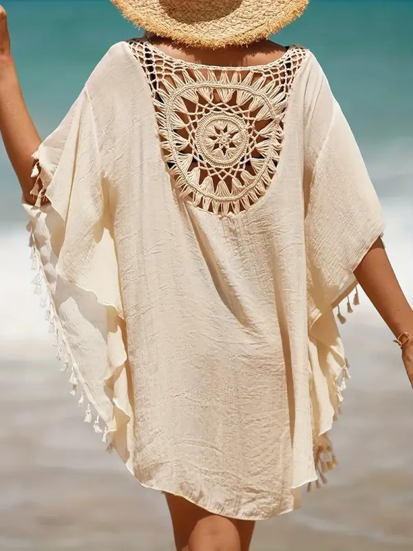 Tassel Decor Cover Up Dress, Round Neck Loose Fit Crochet Decor Beach Kaftan, Women's Swimwear & Clothing for carnival & Music Festival For Holiday