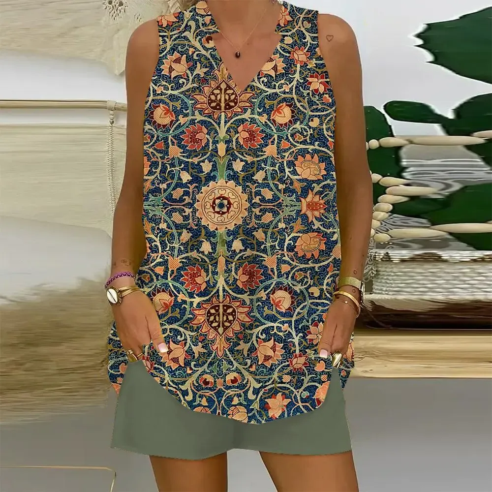 Retro Sleeveless Print Two Piece Set