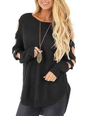 Solid Color Long Sleeve Knitted Hollow Sweater