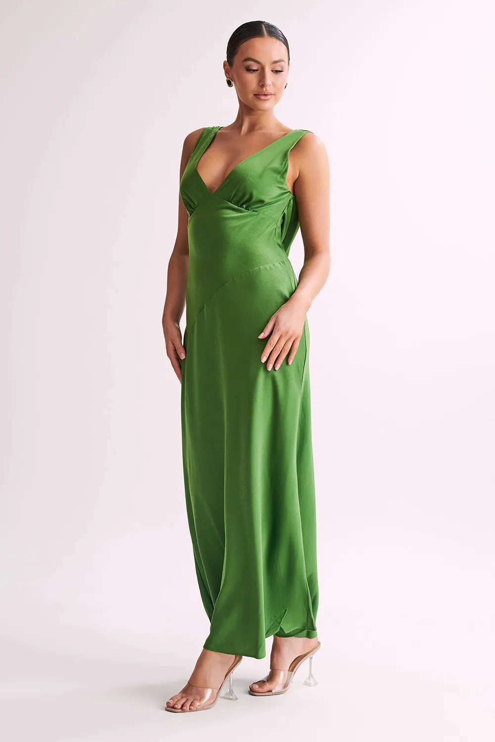 Maxi Satin Dress With Back Cowl - Emerald