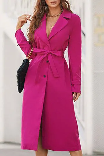 Solid Front Tie Trench Coat in Rose Red
