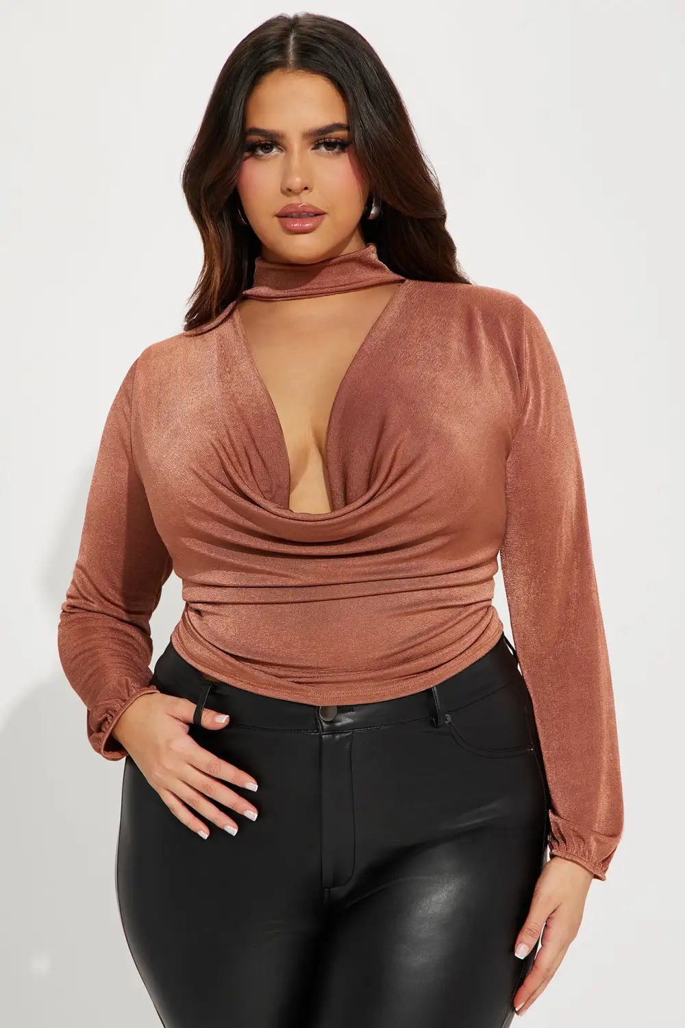 Noelle Cowl Neck Top - Mocha