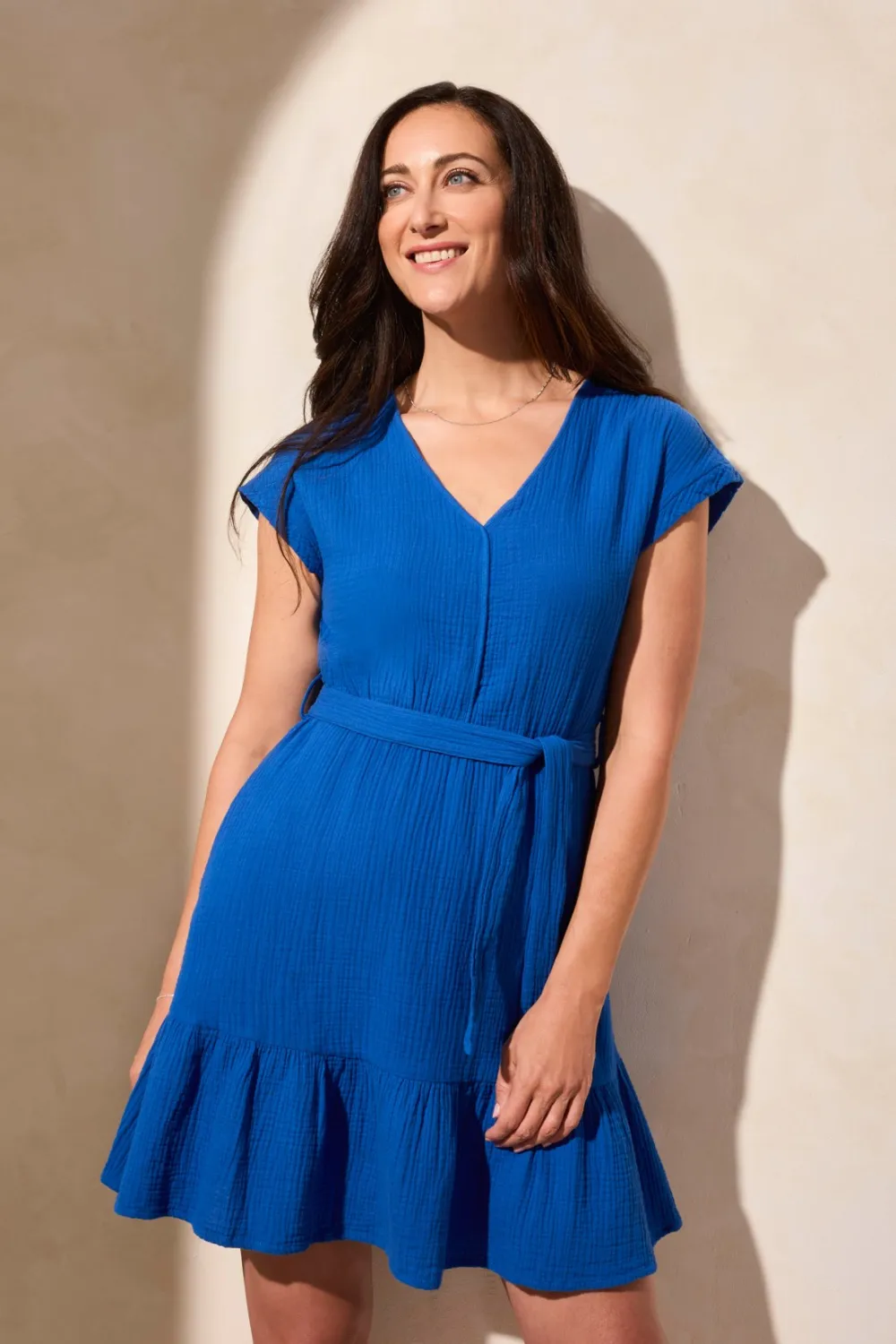 Cotton Gauze Cap Sleeve Dress With Waist Tie-Calypso Blue