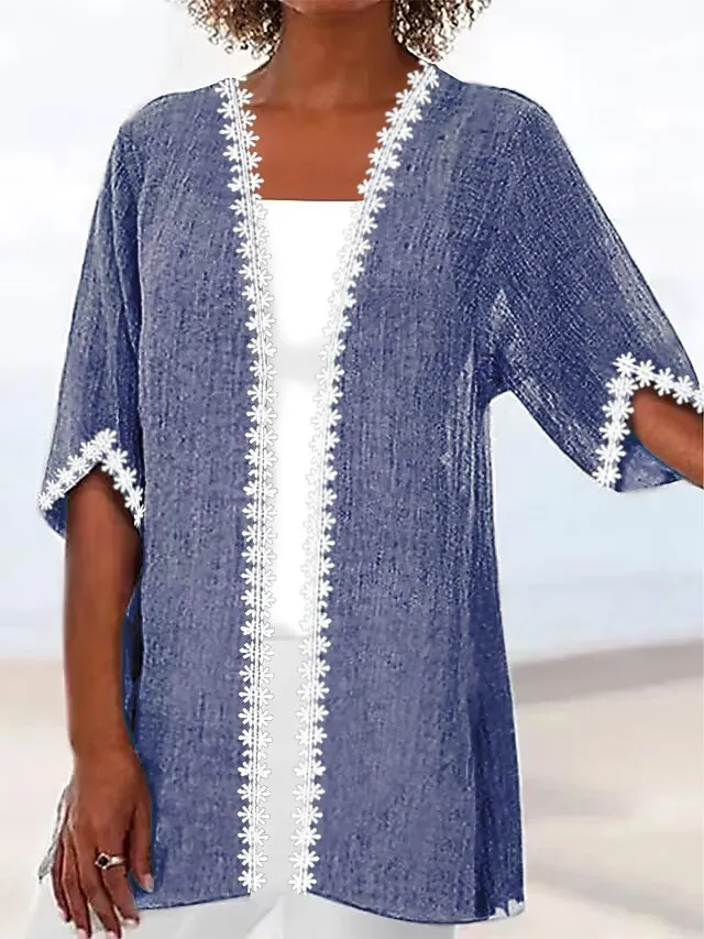 Women's Jacket Kimono Casual Jacket Lace Solid Color Comfortable Boho Loose Fit Outerwear 3/4 Length Sleeve Summer Light Blue Gary S M L