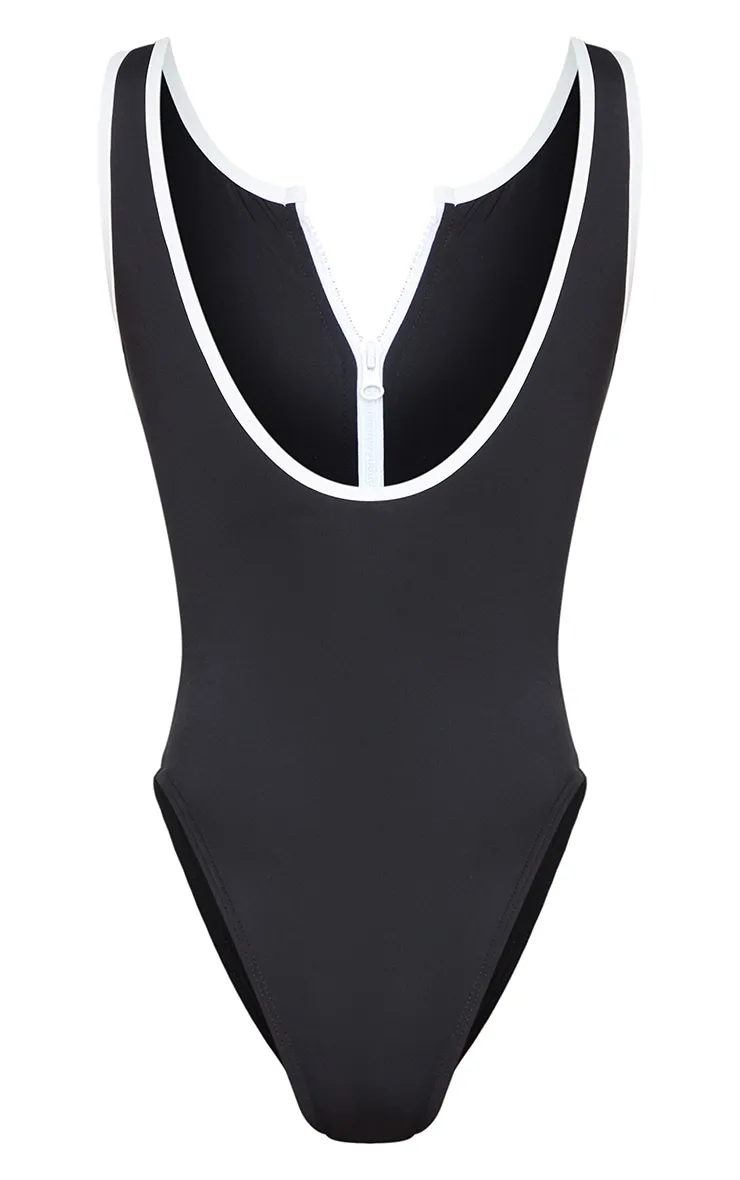 black contrast zip front scuba swimsuit