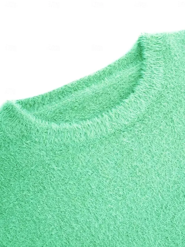 Women's Pullover Sweater Jumper Stylish Casual Soft Solid Color Fuzzy Crew Neck Oversized Long Sleeve Long Tops Knit Outdoor Daily Going out Lake blue ArmyGreen Fall Winter