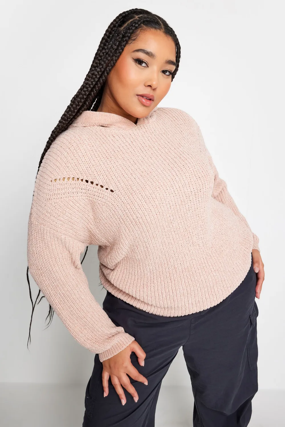 YOURS Curve Light Pink Chenille Knitted Hoodie